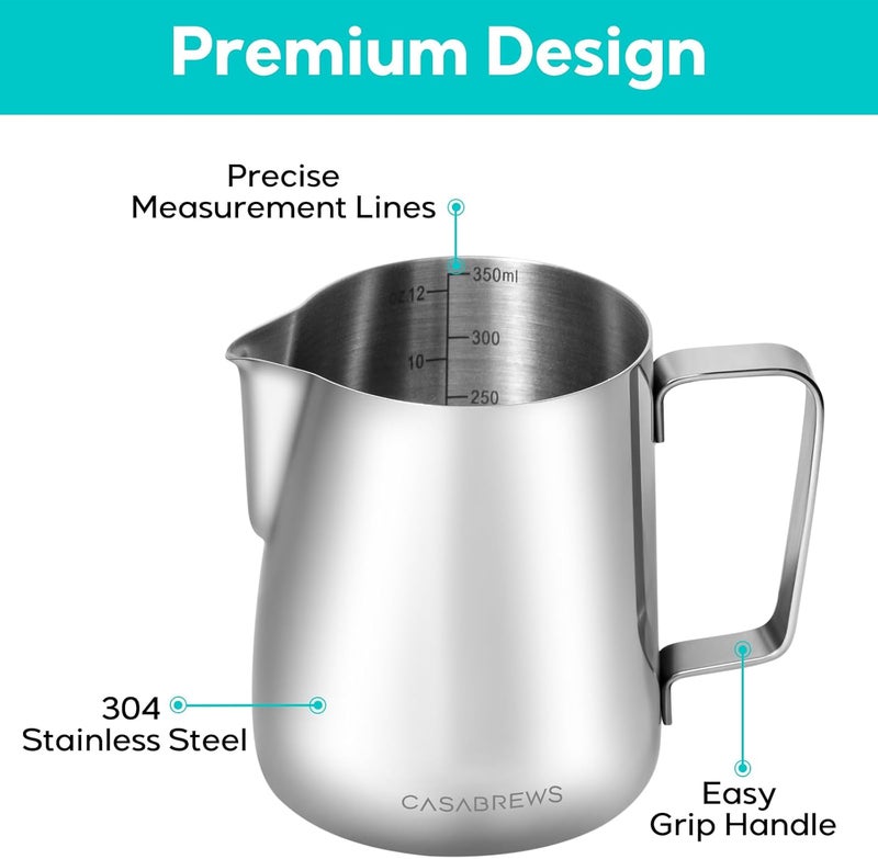 CASABREWS وعاء رغوة الحليب CASMP350، وعاء بخار من الفولاذ المقاوم للصدأ مع فوهة حادة، 350 مل (12 أونصة) لكوب رغوة الحليب لفن الكابتشينو أو اللاتيه، ملحقات آلة الإسبريسو للبارستا - Image 2